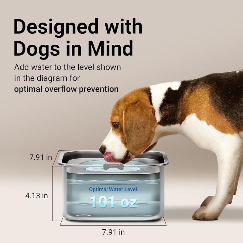 DownyPaws No Spill Water Bowl for Dogs,101oz/3L Stainless Steel Slobber Stopper, No Drip Slow Drinking Dog Water Bowl, No Mess Dog Water Dispenser Spill Proof, Dishwasher Safe, Silver - Image 3